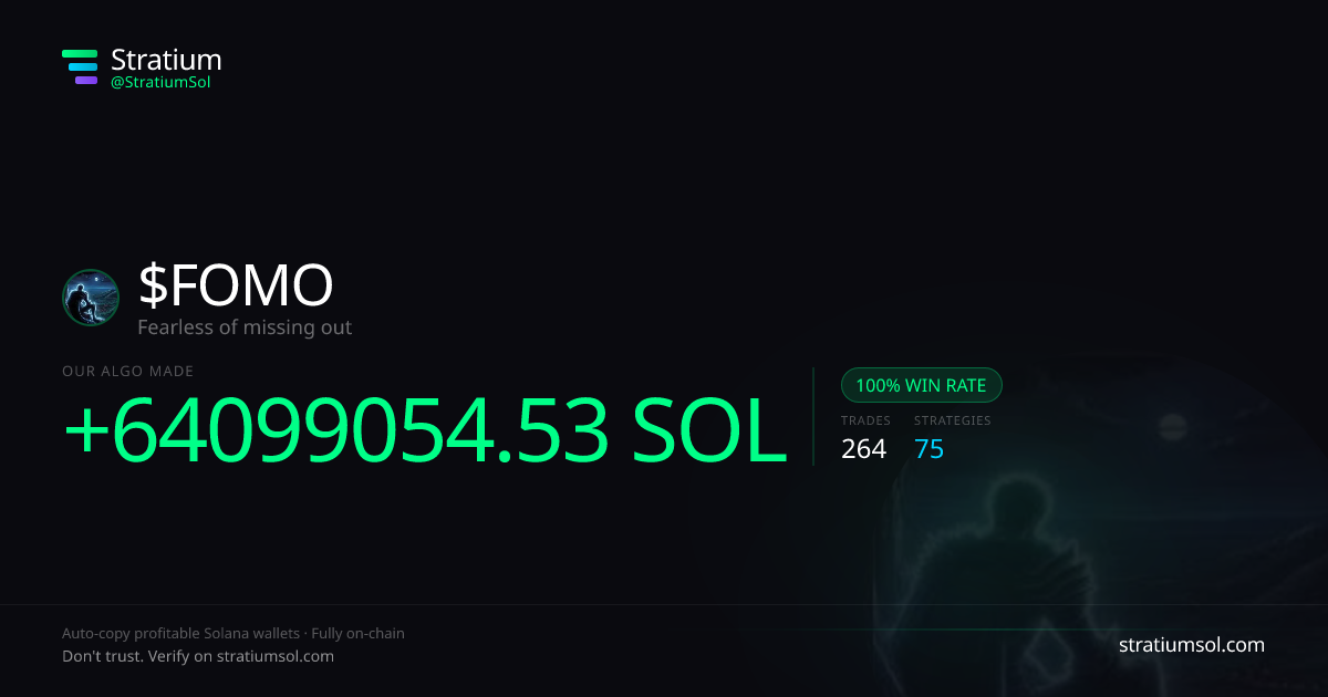 FOMO copy trading performance on Stratium — 264 trades, 100% win rate, +64099054.53 SOL PnL