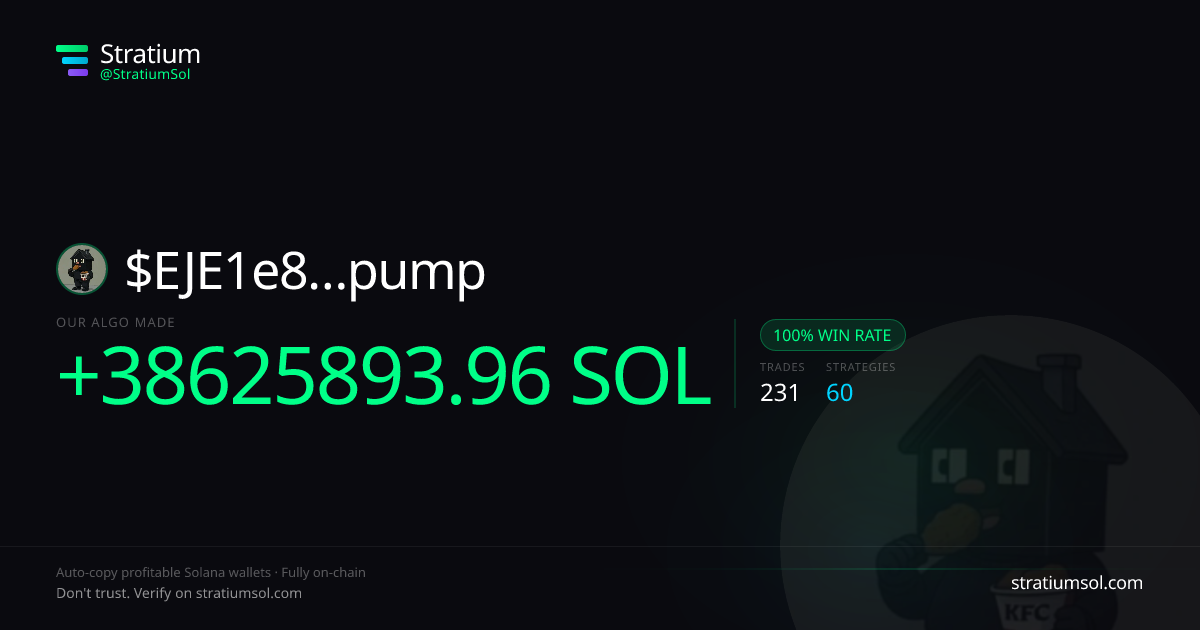 EJE1e8…pump copy trading performance on Stratium — 231 trades, 100% win rate, +38625893.96 SOL PnL