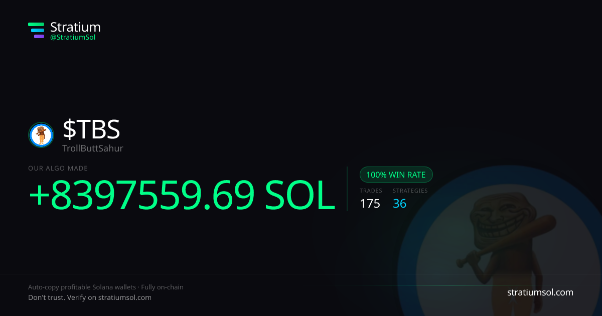 TBS copy trading performance on Stratium — 175 trades, 100% win rate, +8397559.69 SOL PnL