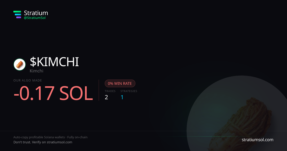 KIMCHI copy trading performance on Stratium — 2 trades, 0% win rate, -0.17 SOL PnL