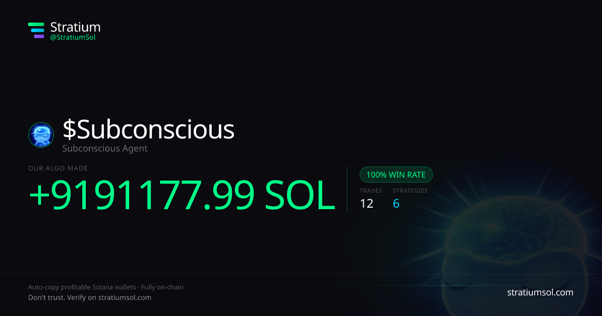 Subconscious copy trading performance on Stratium — 12 trades, 100% win rate, +9191177.99 SOL PnL