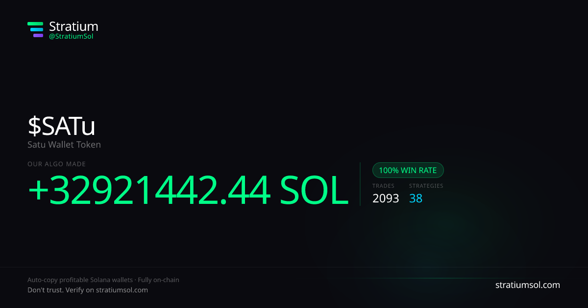 SATu copy trading performance on Stratium — 2093 trades, 100% win rate, +32921442.44 SOL PnL