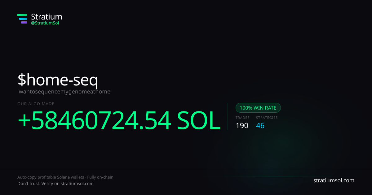 home-seq copy trading performance on Stratium — 190 trades, 100% win rate, +58460724.54 SOL PnL