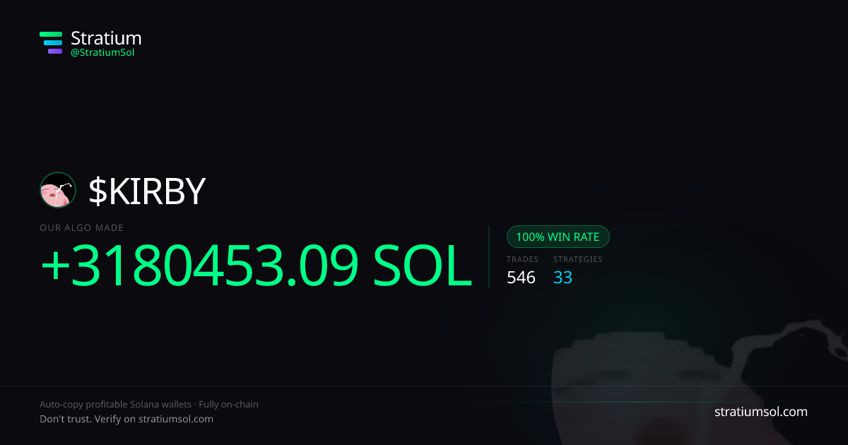 KIRBY copy trading performance on Stratium — 546 trades, 100% win rate, +3180453.09 SOL PnL
