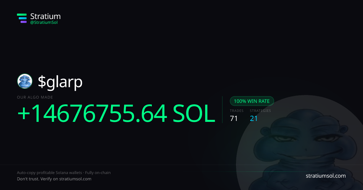 glarp copy trading performance on Stratium — 71 trades, 100% win rate, +14676755.64 SOL PnL