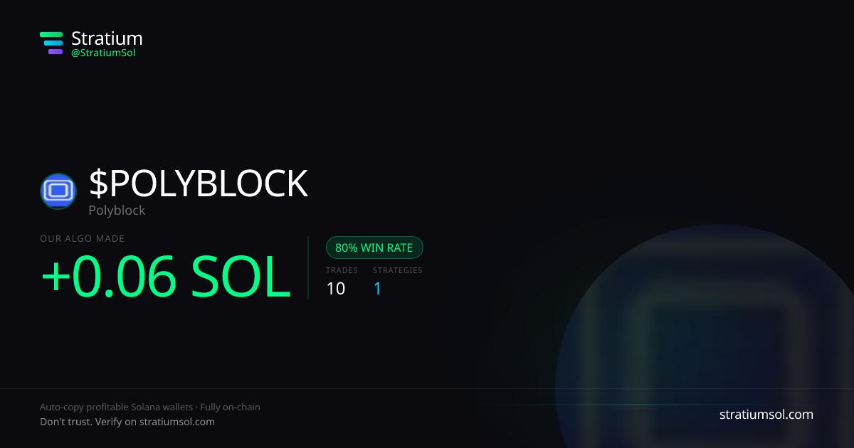 POLYBLOCK copy trading performance on Stratium — 10 trades, 80% win rate, +0.06 SOL PnL