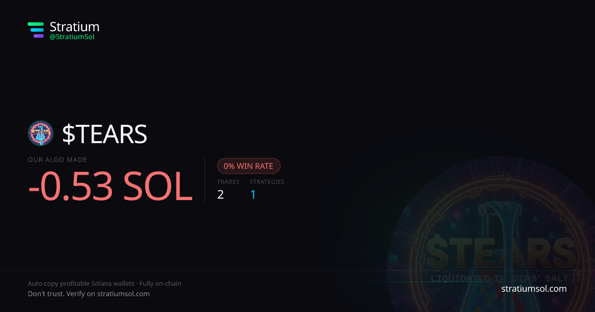 TEARS copy trading performance on Stratium — 2 trades, 0% win rate, -0.53 SOL PnL