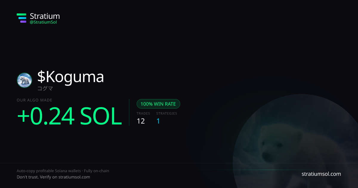 Koguma copy trading performance on Stratium — 12 trades, 100% win rate, +0.24 SOL PnL