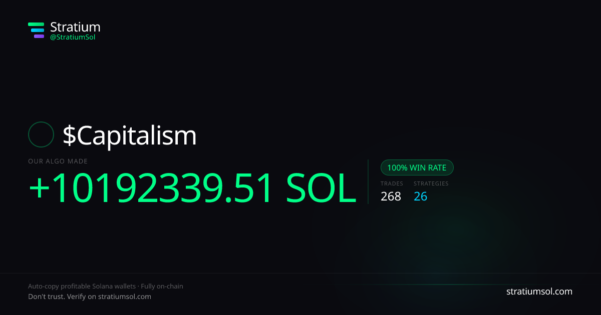 Capitalism copy trading performance on Stratium — 268 trades, 100% win rate, +10192339.51 SOL PnL
