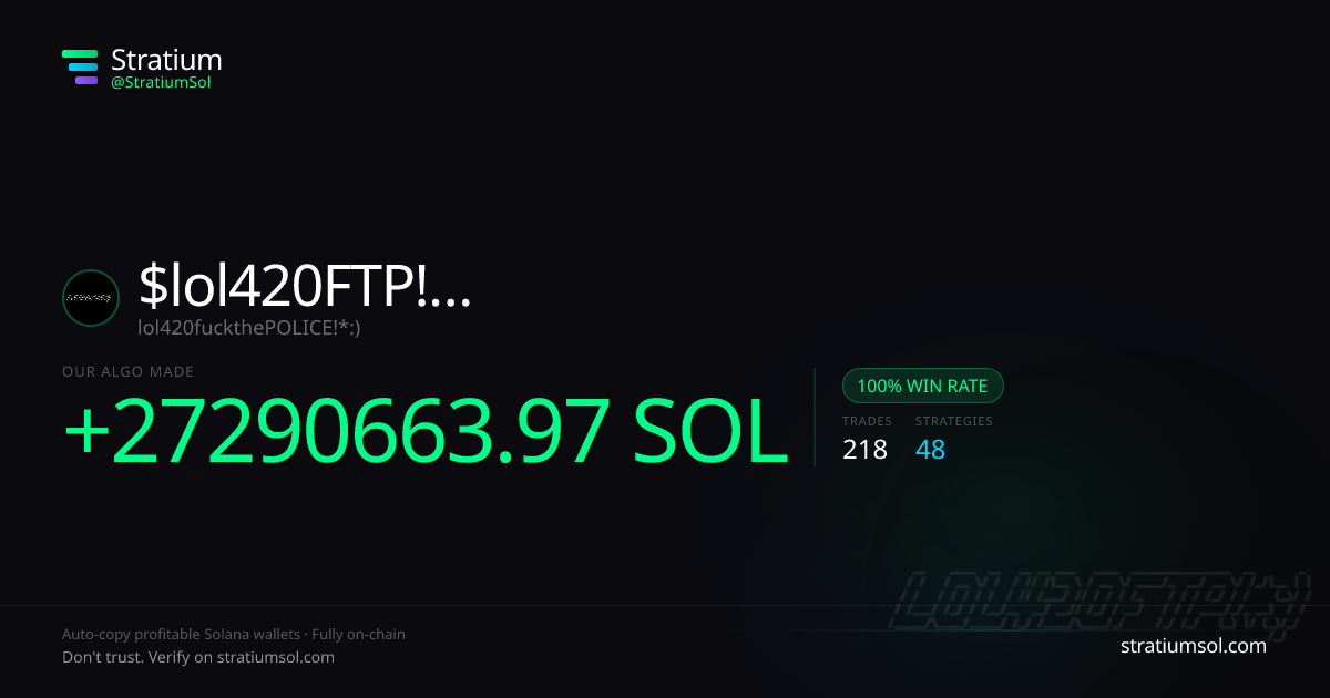 lol420FTP!*:) copy trading performance on Stratium — 218 trades, 100% win rate, +27290663.97 SOL PnL