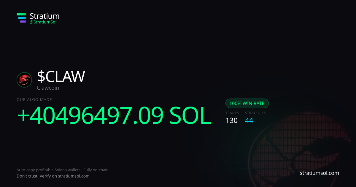 CLAW copy trading performance on Stratium — 130 trades, 100% win rate, +40496497.09 SOL PnL