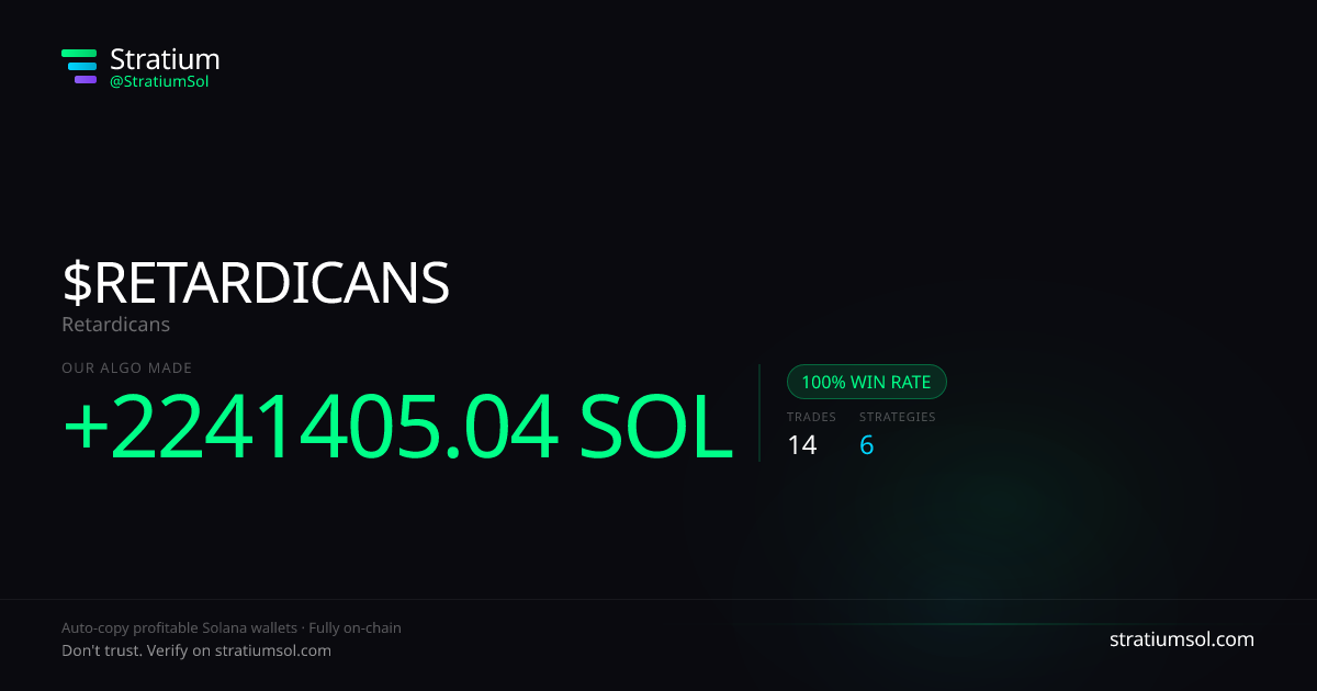 RETARDICANS copy trading performance on Stratium — 14 trades, 100% win rate, +2241405.04 SOL PnL