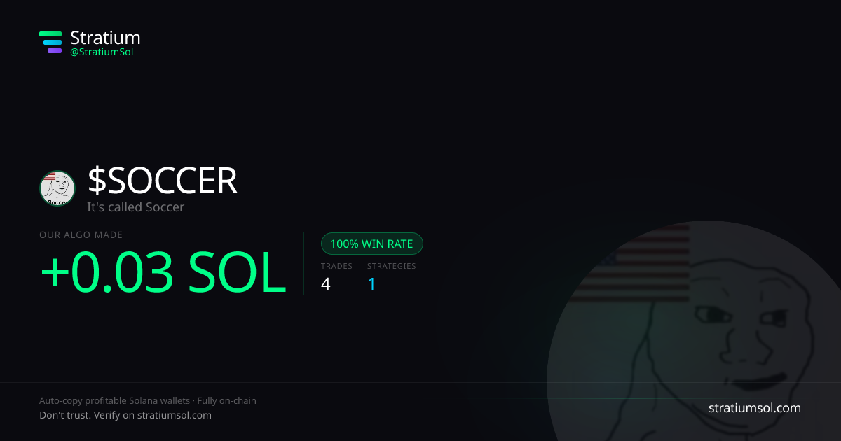 SOCCER copy trading performance on Stratium — 4 trades, 100% win rate, +0.03 SOL PnL