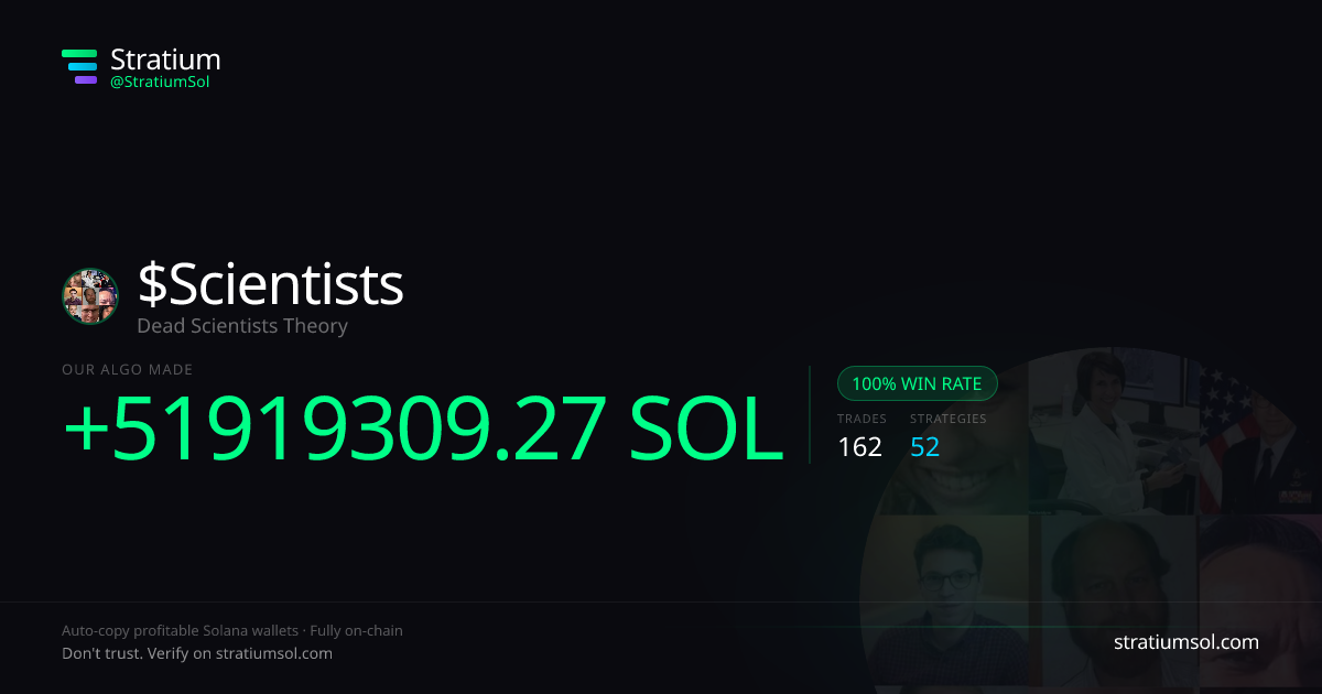 Scientists copy trading performance on Stratium — 162 trades, 100% win rate, +51919309.27 SOL PnL