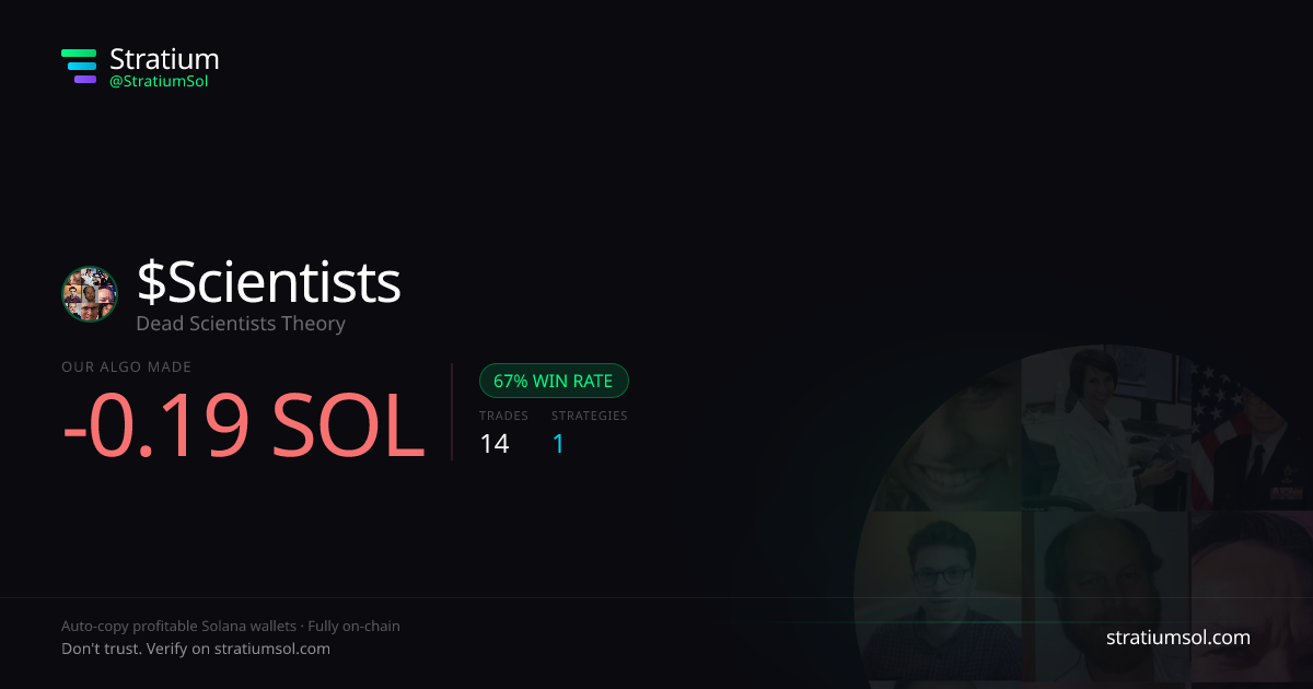 Scientists copy trading performance on Stratium — 14 trades, 67% win rate, -0.19 SOL PnL