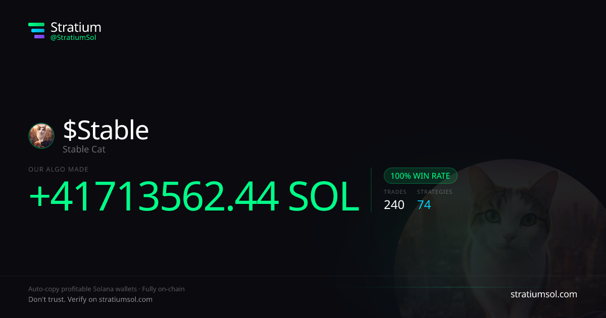 Stable copy trading performance on Stratium — 240 trades, 100% win rate, +41713562.44 SOL PnL