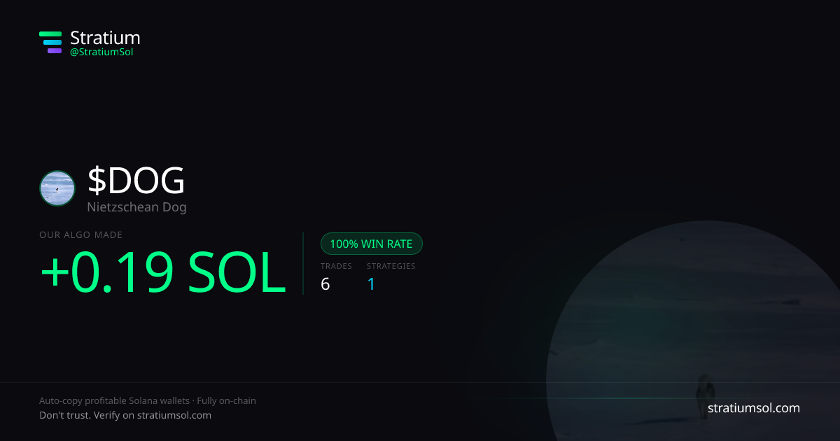 DOG copy trading performance on Stratium — 6 trades, 100% win rate, +0.19 SOL PnL