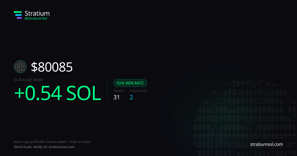 80085 copy trading performance on Stratium — 31 trades, 92% win rate, +0.54 SOL PnL