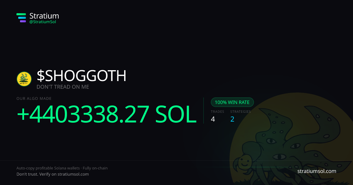 SHOGGOTH copy trading performance on Stratium — 4 trades, 100% win rate, +4403338.27 SOL PnL