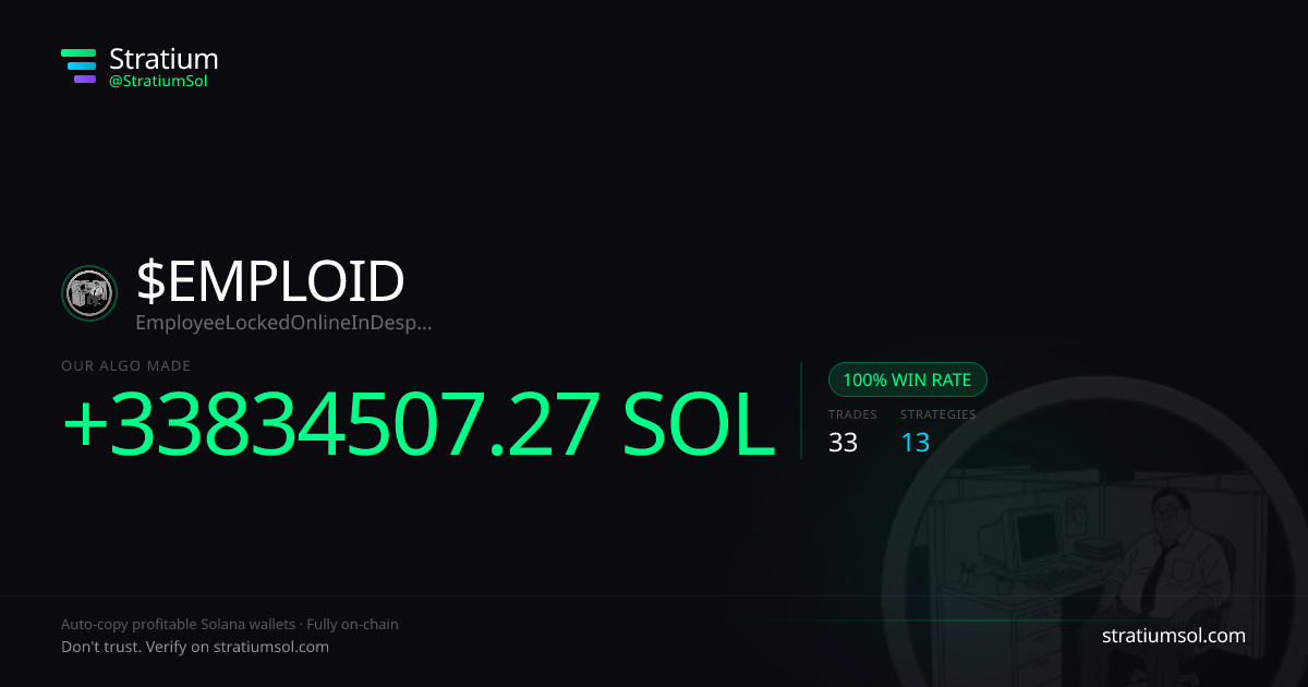 EMPLOID copy trading performance on Stratium — 33 trades, 100% win rate, +33834507.27 SOL PnL