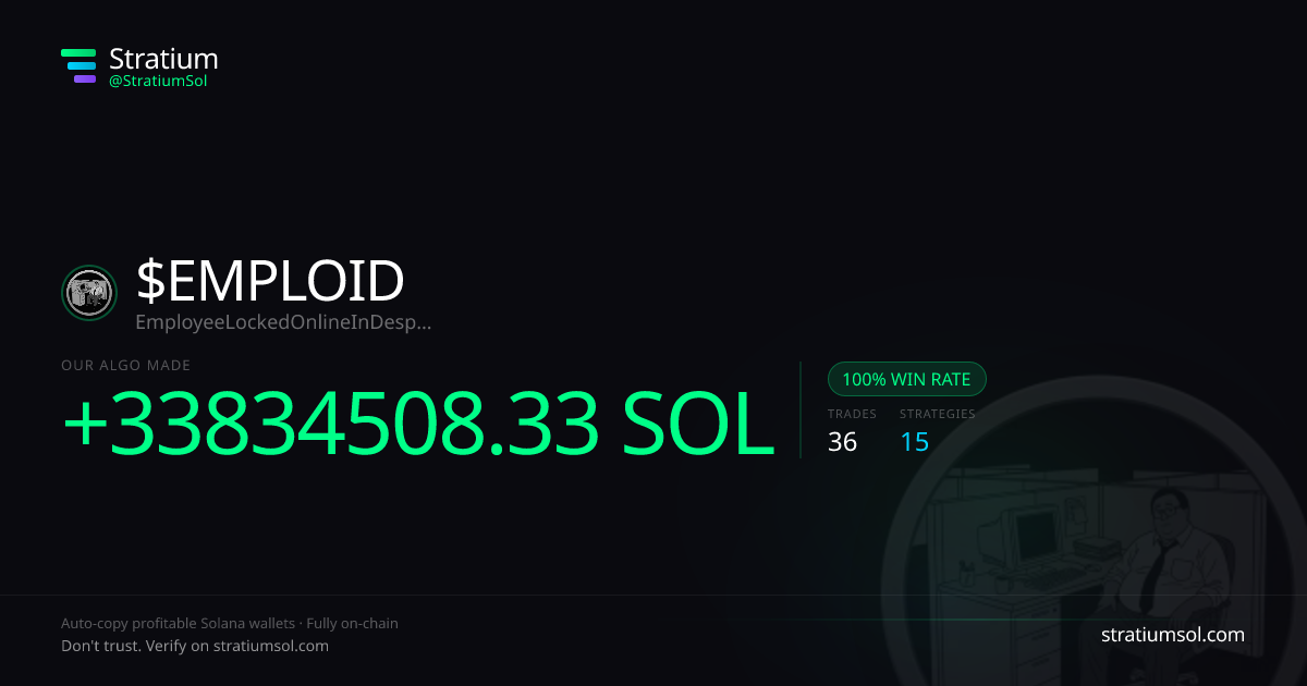 EMPLOID copy trading performance on Stratium — 36 trades, 100% win rate, +33834508.33 SOL PnL