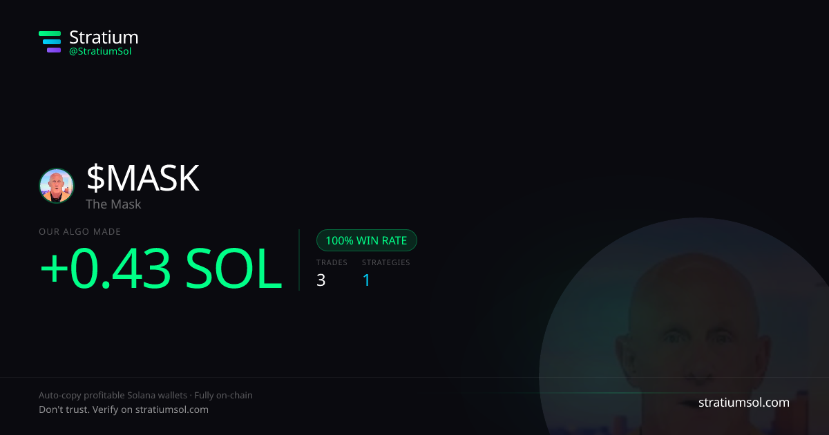 MASK copy trading performance on Stratium — 3 trades, 100% win rate, +0.43 SOL PnL