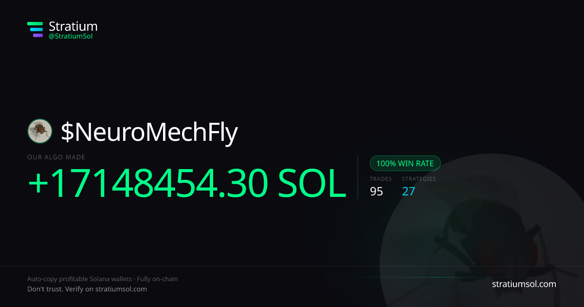 NeuroMechFly copy trading performance on Stratium — 95 trades, 100% win rate, +17148454.30 SOL PnL