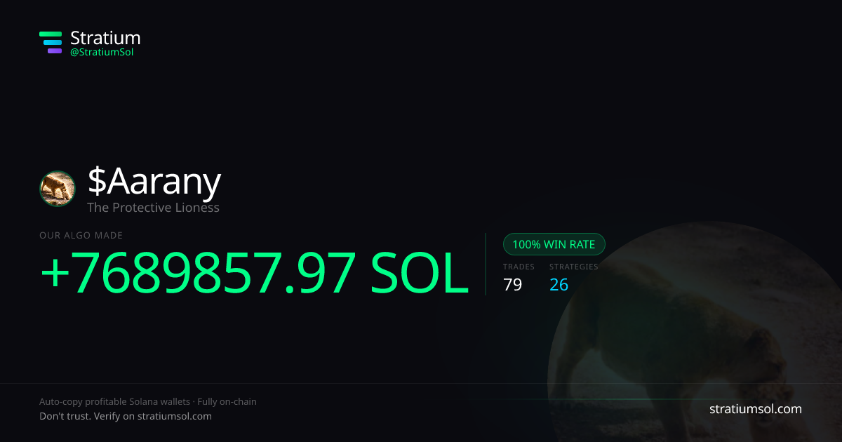Aarany copy trading performance on Stratium — 79 trades, 100% win rate, +7689857.97 SOL PnL