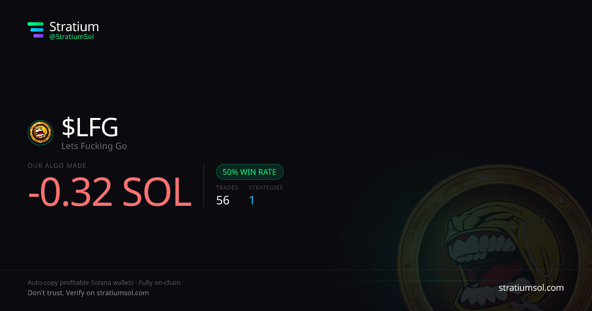 LFG copy trading performance on Stratium — 56 trades, 50% win rate, -0.32 SOL PnL
