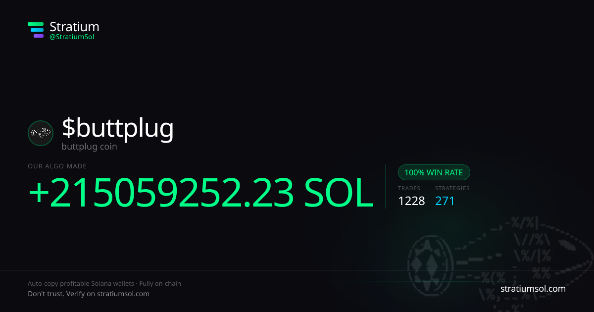 buttplug copy trading performance on Stratium — 1228 trades, 100% win rate, +215059252.23 SOL PnL