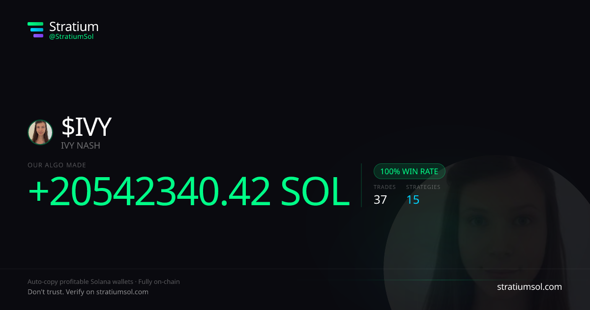 IVY copy trading performance on Stratium — 37 trades, 100% win rate, +20542340.42 SOL PnL