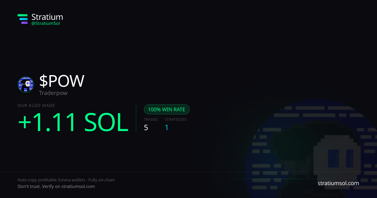 POW copy trading performance on Stratium — 5 trades, 100% win rate, +1.11 SOL PnL