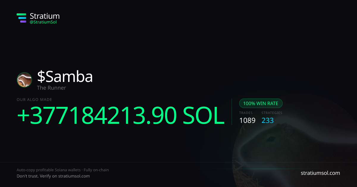 Samba copy trading performance on Stratium — 1089 trades, 100% win rate, +377184213.90 SOL PnL