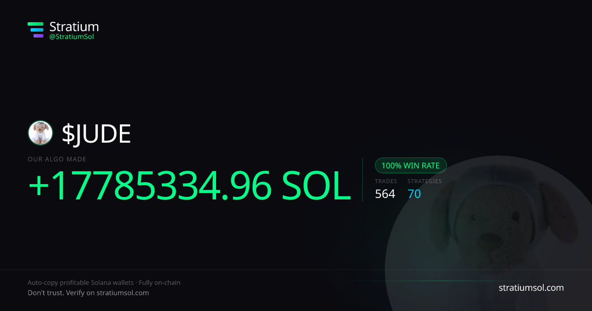 JUDE copy trading performance on Stratium — 564 trades, 100% win rate, +17785334.96 SOL PnL