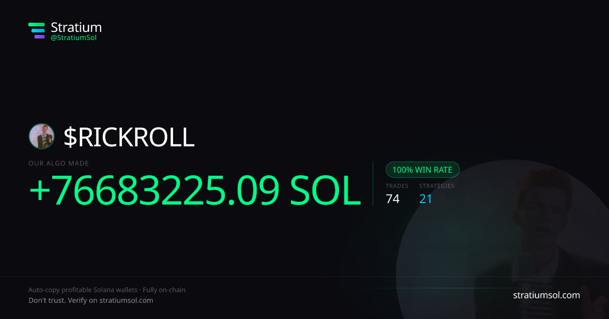 RICKROLL copy trading performance on Stratium — 74 trades, 100% win rate, +76683225.09 SOL PnL