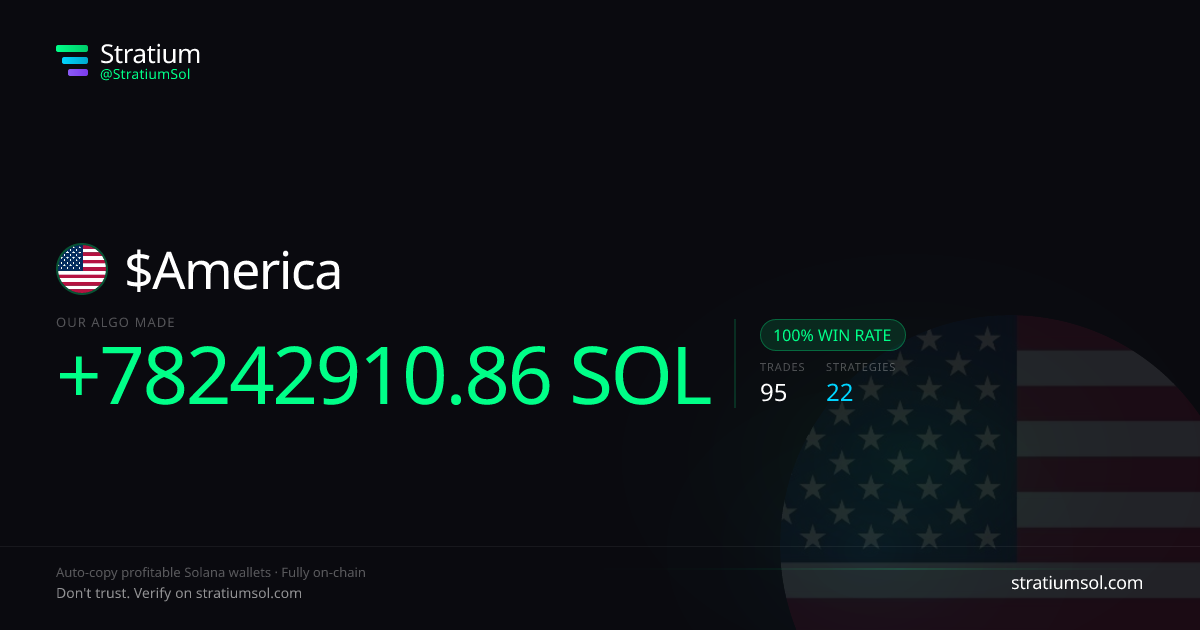 America copy trading performance on Stratium — 95 trades, 100% win rate, +78242910.86 SOL PnL