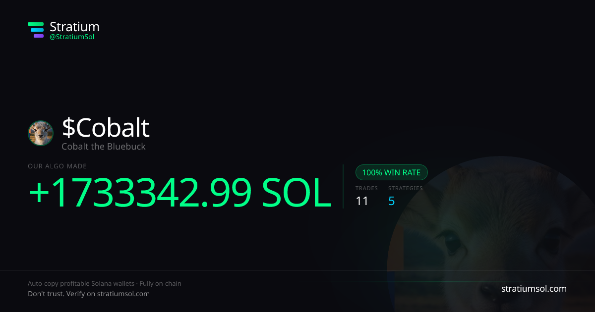 Cobalt copy trading performance on Stratium — 11 trades, 100% win rate, +1733342.99 SOL PnL