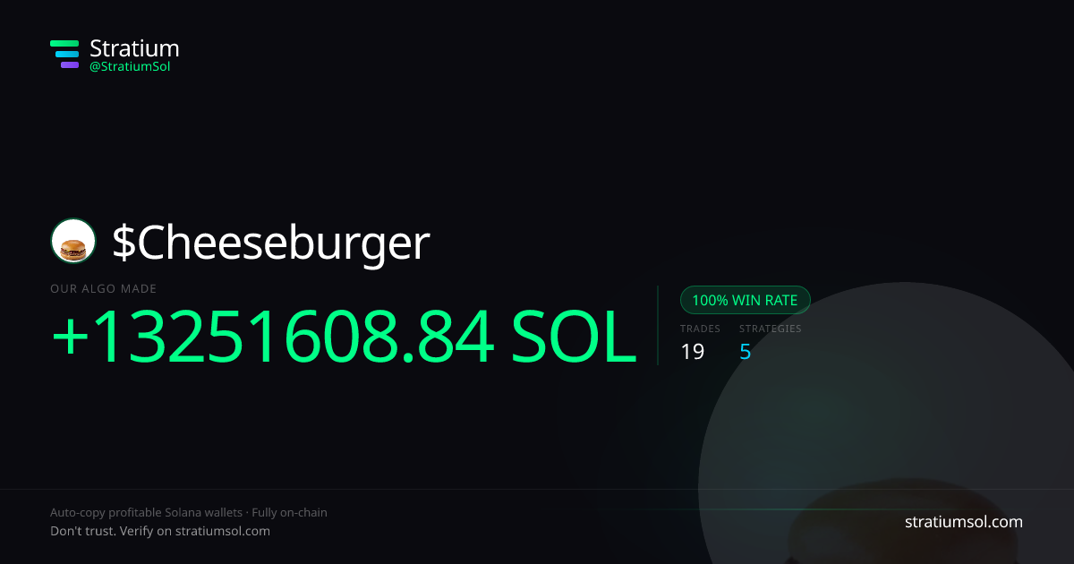 Cheeseburger copy trading performance on Stratium — 19 trades, 100% win rate, +13251608.84 SOL PnL