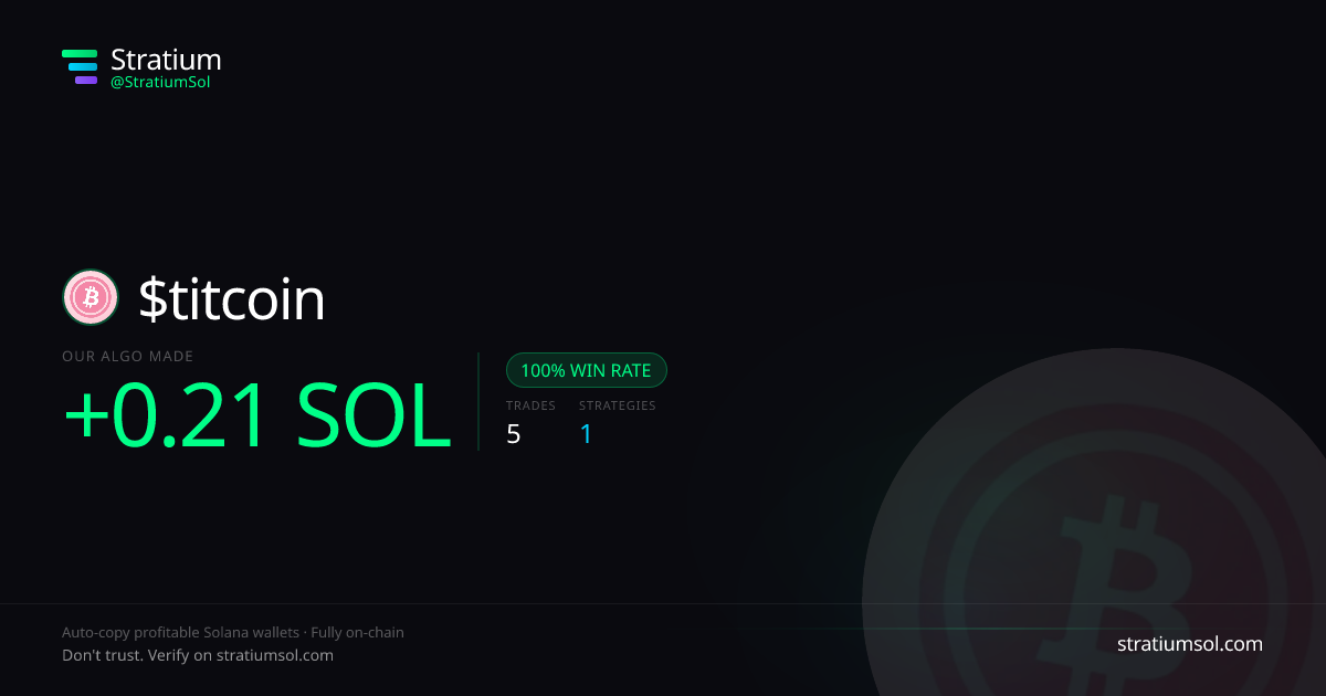 titcoin copy trading performance on Stratium — 5 trades, 100% win rate, +0.21 SOL PnL