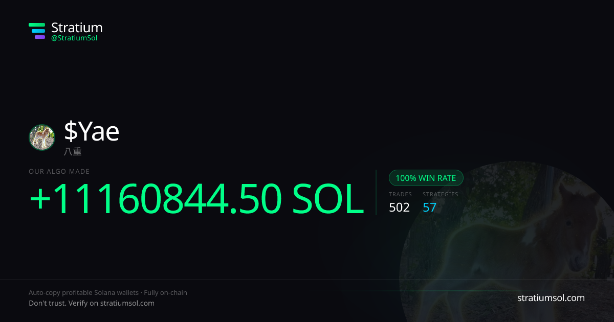 Yae copy trading performance on Stratium — 502 trades, 100% win rate, +11160844.50 SOL PnL