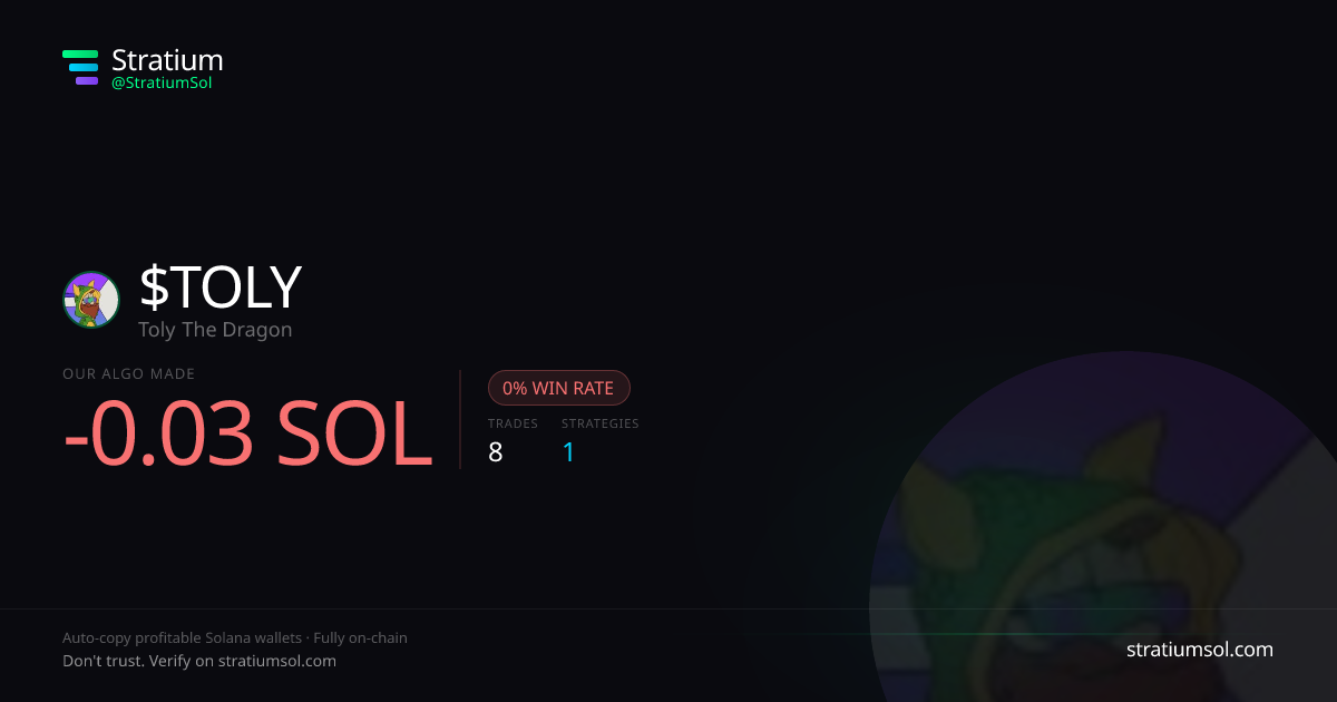 TOLY copy trading performance on Stratium — 8 trades, 0% win rate, -0.03 SOL PnL