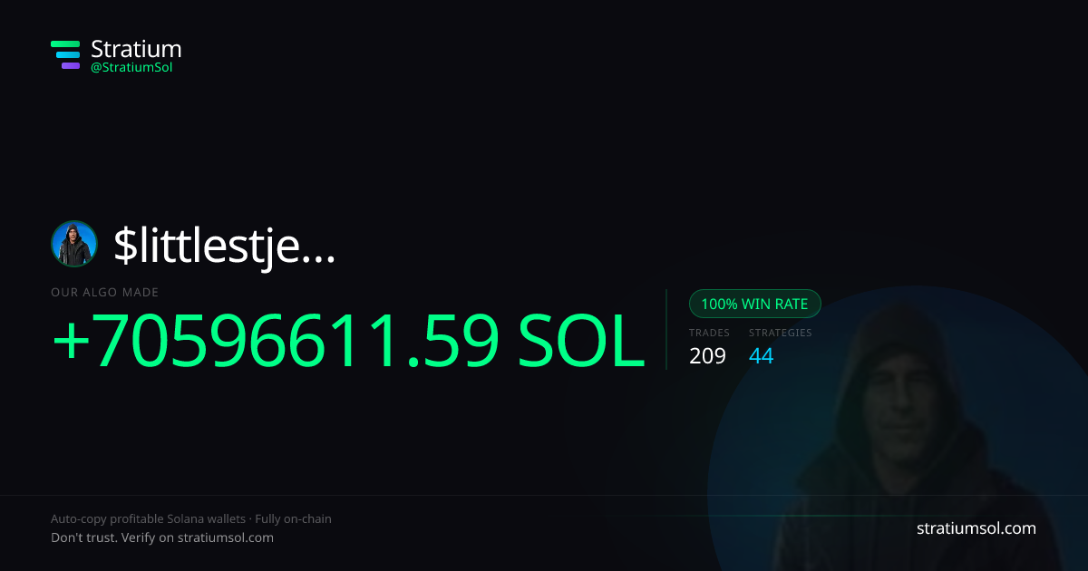 littlestjeff1 copy trading performance on Stratium — 209 trades, 100% win rate, +70596611.59 SOL PnL