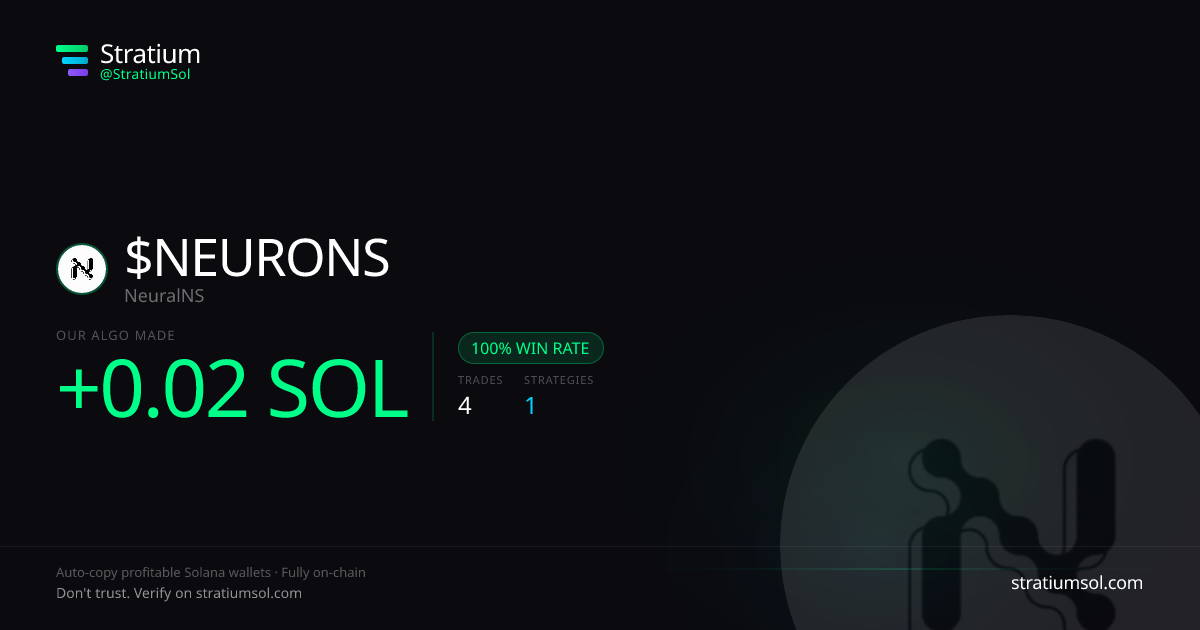 NEURONS copy trading performance on Stratium — 4 trades, 100% win rate, +0.02 SOL PnL