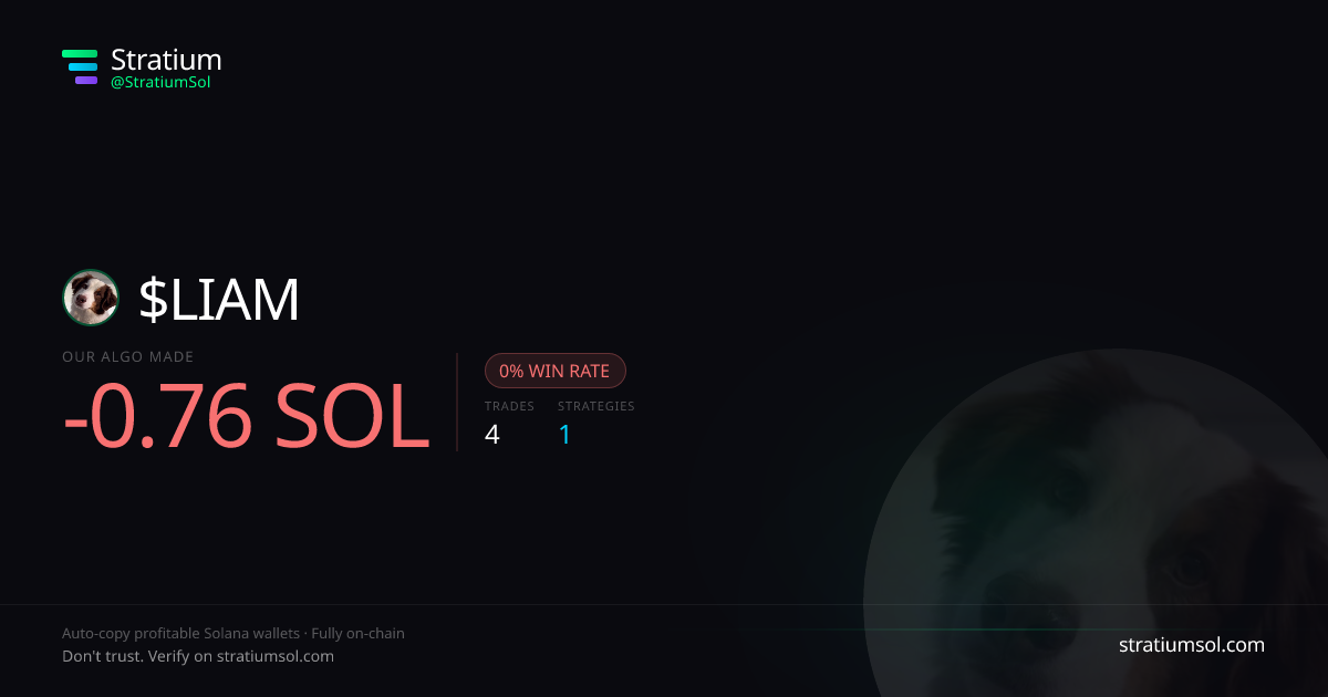 LIAM copy trading performance on Stratium — 4 trades, 0% win rate, -0.76 SOL PnL