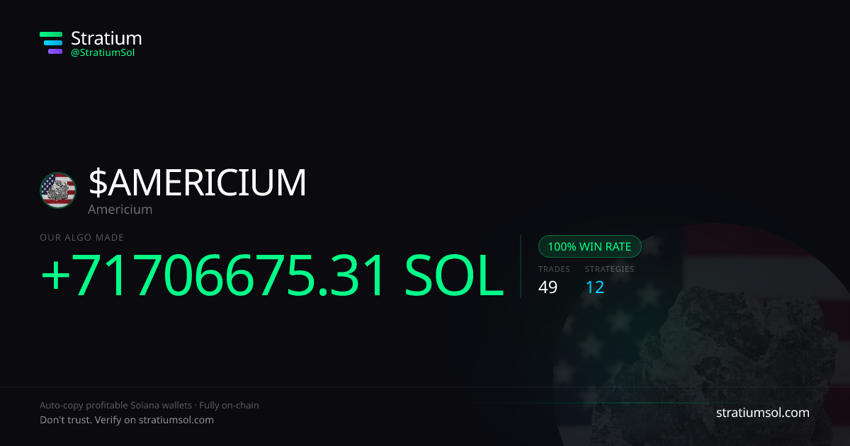 AMERICIUM copy trading performance on Stratium — 49 trades, 100% win rate, +71706675.31 SOL PnL