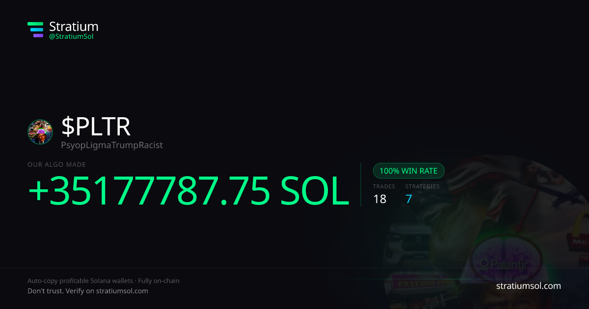 PLTR copy trading performance on Stratium — 18 trades, 100% win rate, +35177787.75 SOL PnL