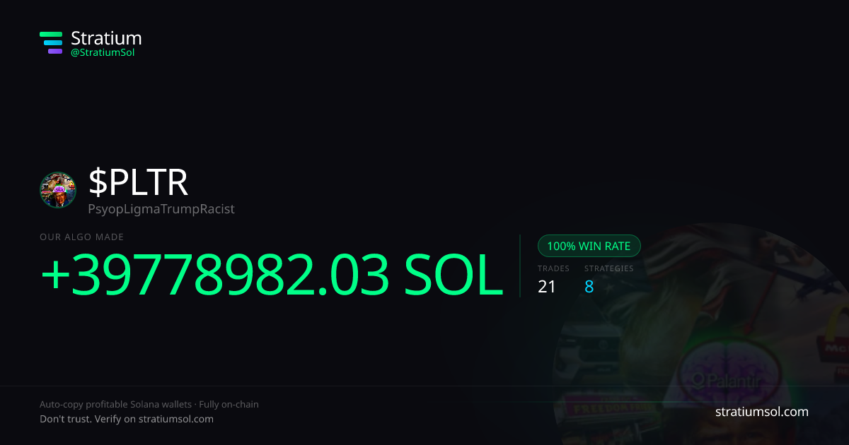 PLTR copy trading performance on Stratium — 21 trades, 100% win rate, +39778982.03 SOL PnL
