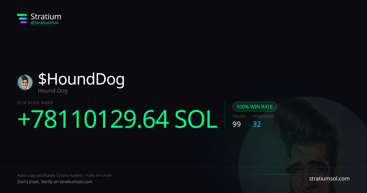 HoundDog copy trading performance on Stratium — 99 trades, 100% win rate, +78110129.64 SOL PnL