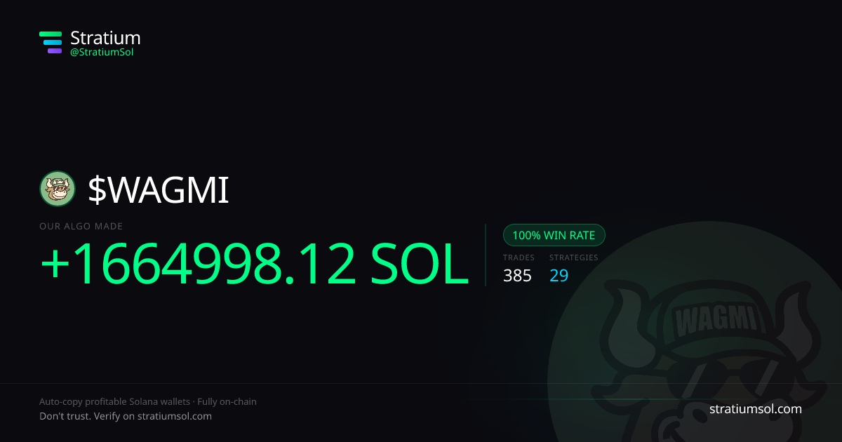 WAGMI copy trading performance on Stratium — 385 trades, 100% win rate, +1664998.12 SOL PnL