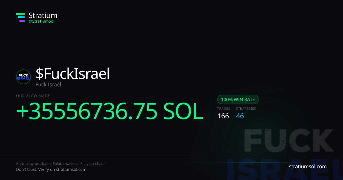 FuckIsrael copy trading performance on Stratium — 166 trades, 100% win rate, +35556736.75 SOL PnL